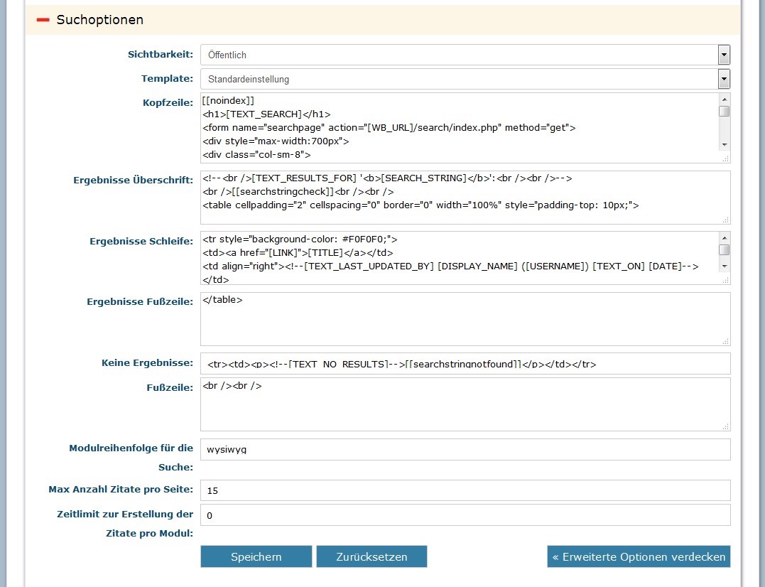 WB Optionen Suchoptionen