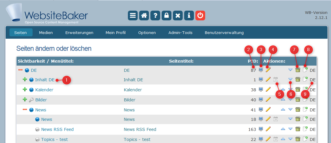 WB Seitenverwaltung Funktionen